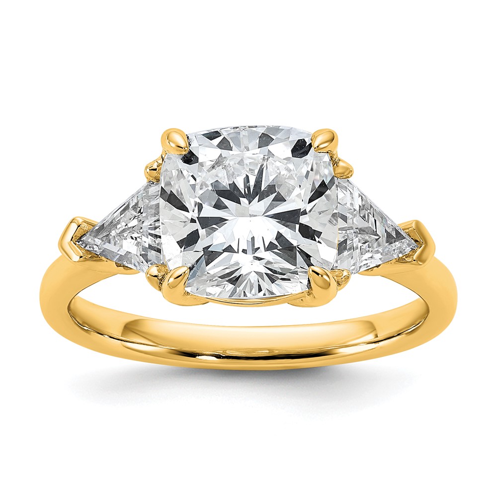 14K Yellow Gold 4 Carat Certified Lab Grown Diamond VS+ F+ Cushion and Triangle Complete Three Stone Engagement Ring
