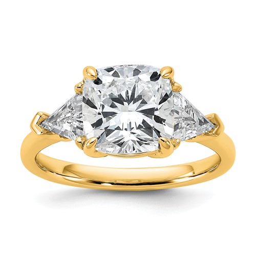 14K Yellow Gold 4 Carat Certified Lab Grown Diamond VS+ F+ Cushion and Triangle Complete Three Stone Engagement Ring