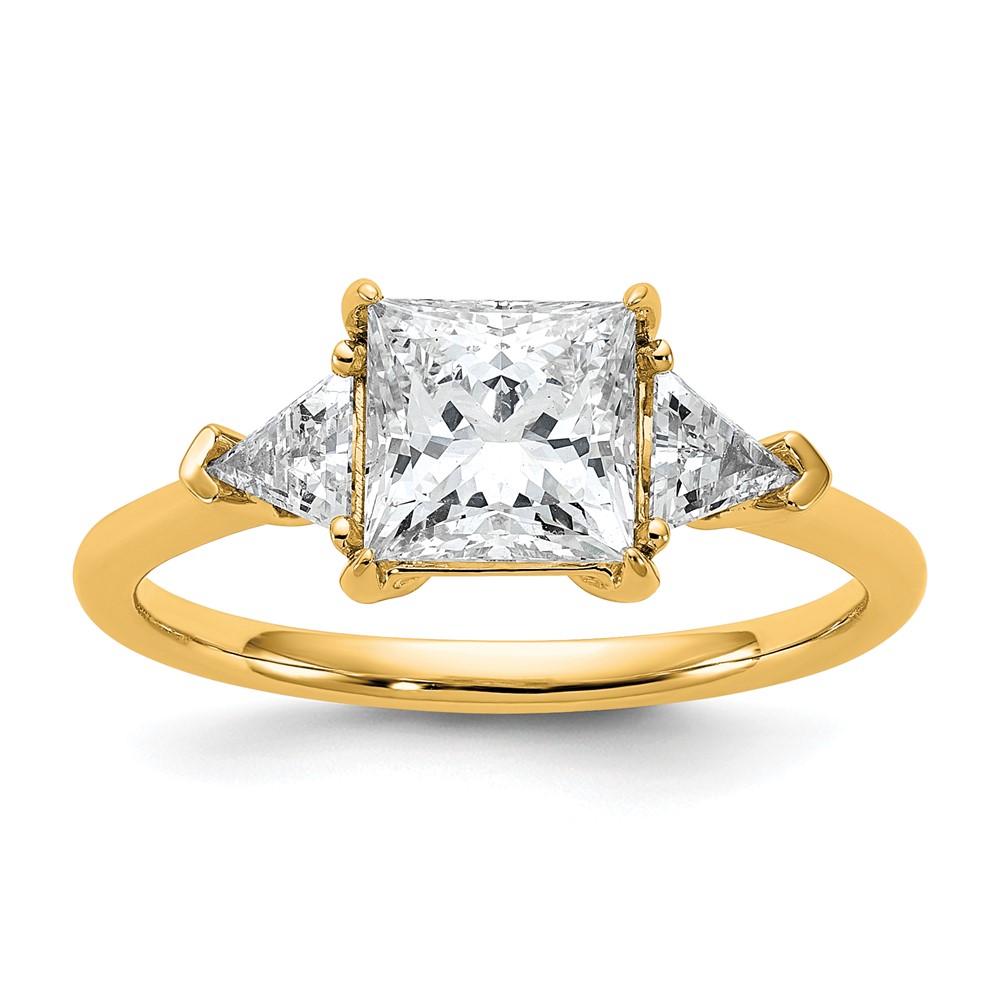 14K Yellow Gold 2 Carat Certified Lab Grown Diamond VS+ F+ Princess and Trillion Complete Three Stone Engagement Ring