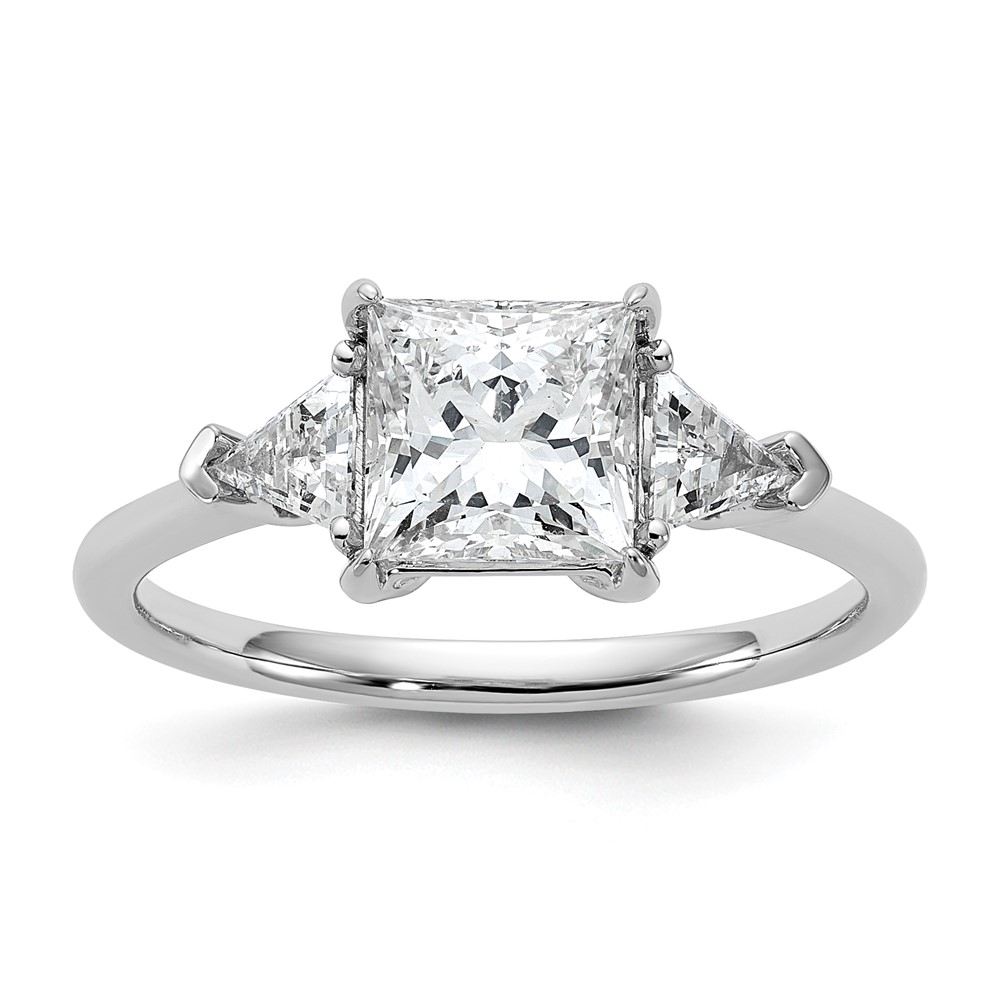 14K White Gold 0.50 Carat Lab Grown Diamond VS+ F+ Trillion and 1.50 Carat Princess Center Semi Mount Three Stone Engagement Ring