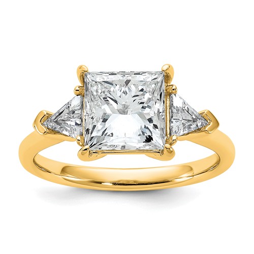 14K Yellow Gold 3.12 Carat Certified Lab Grown Diamond VS+ F+ Princess and Trillion Complete Three Stone Engagement Ring