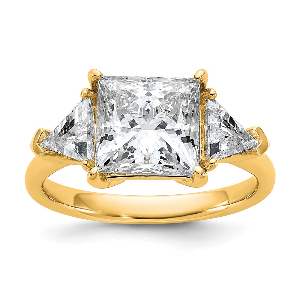 14K Yellow Gold 1.12 Carat Lab Grown Diamond VS+ F+ Trillion and 3 Carat Princess Center Semi Mount Three Stone Engagement Ring