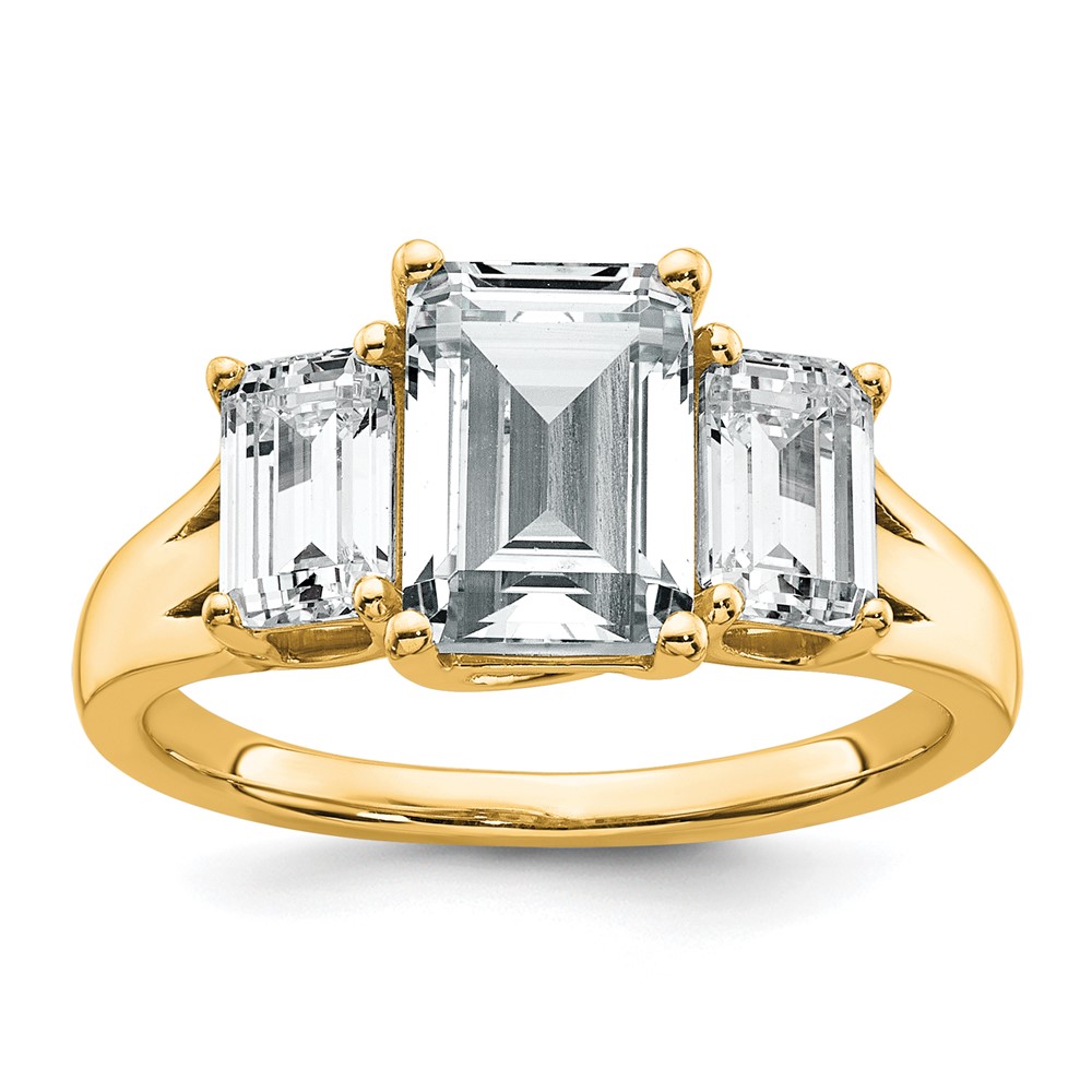 14K Yellow Gold 3.33 Carat Lab Grown Diamond VS+ F+ Emerald Complete Three Stone Engagement Ring