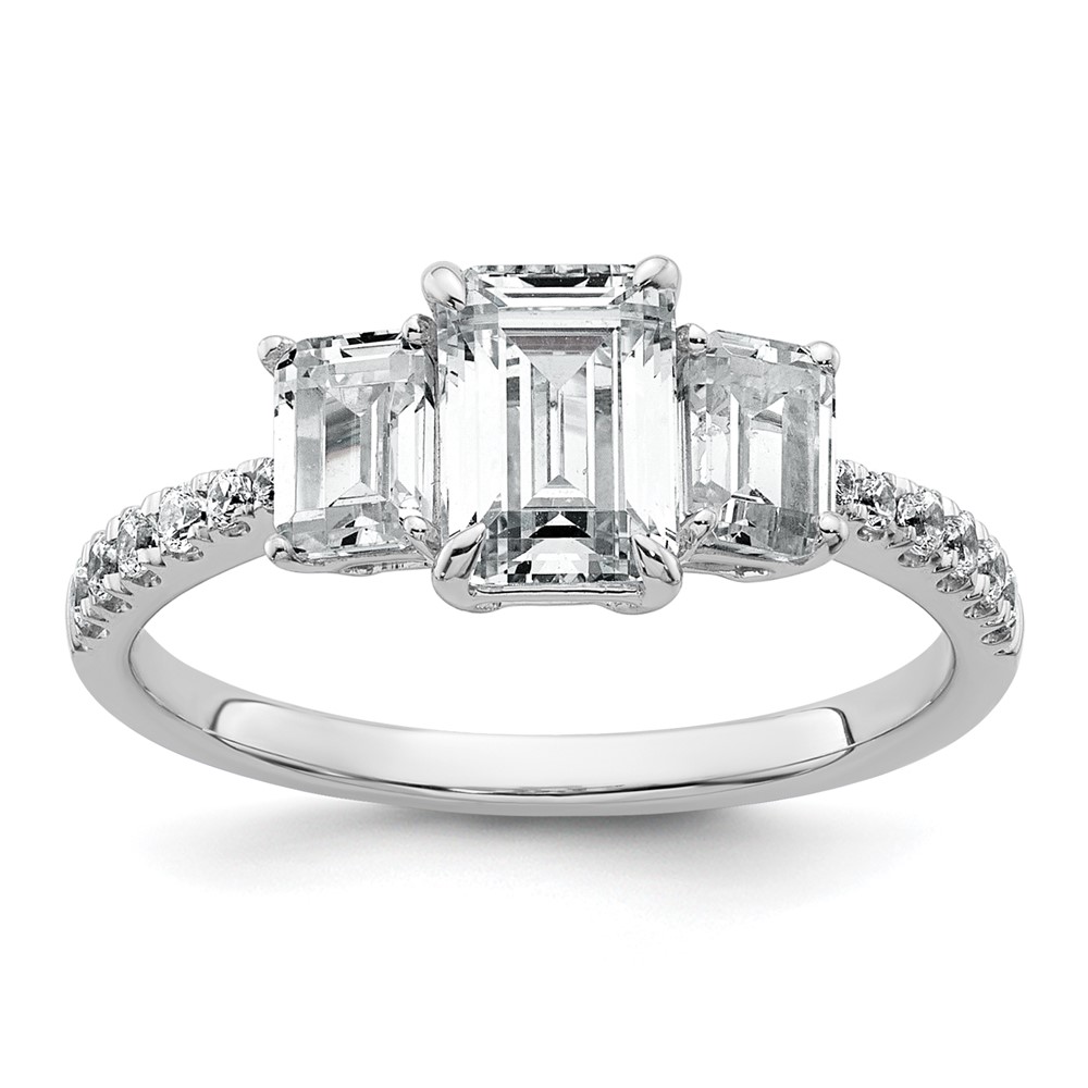 14K White Gold 1.75 Carat Certified Lab Grown Diamond VS+ F+ Emerald Complete Three Stone Engagement Ring