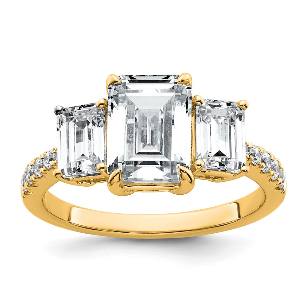 14K Yellow Gold 3.38 Carat Lab Grown Diamond VS+ F+ Emerald Complete Three Stone Engagement Ring