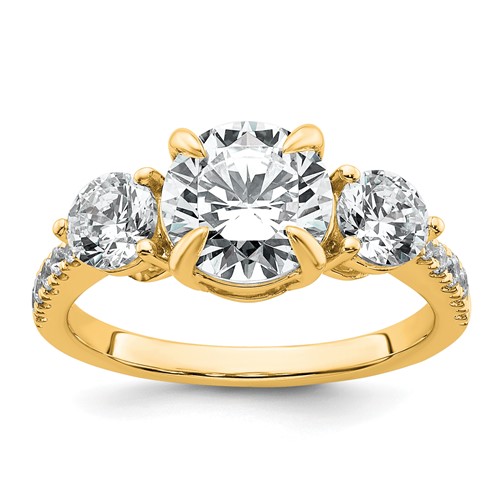 14K Yellow Gold 1 Carat Lab Grown Diamond VS+ F+ Round Semi Mount Three Stone Engagement Ring