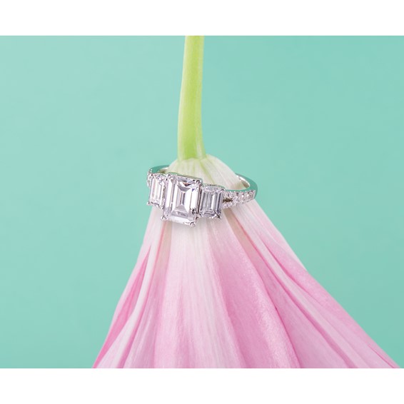 14k White Gold Semi-mount Diamond 3-stone Emerald Engagement Ring