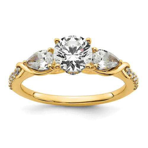 14K Yellow Gold 0.62 Carat Lab Grown Diamond VS+ F+ 1 Carat Center Round Semi Mount Three Stone Engagement Ring