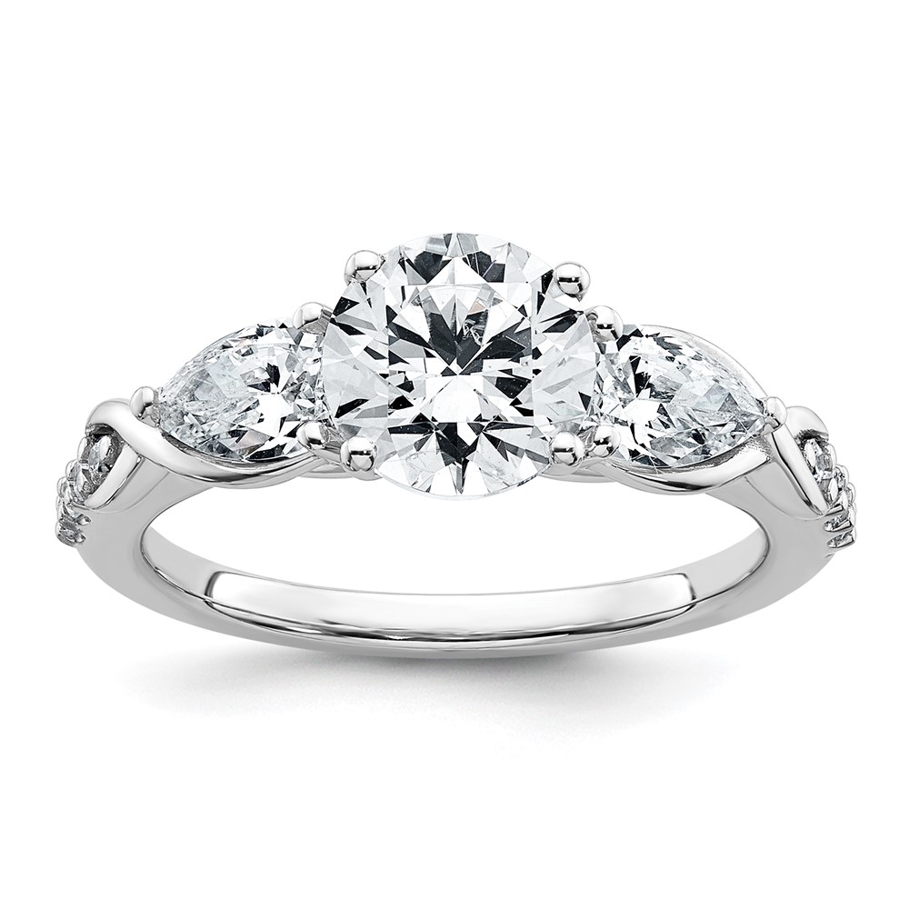 14K White Gold 0.75 Carat Lab Grown Diamond VS+ F+ 1 Carat Center Round Semi Mount Three Stone Engagement Ring