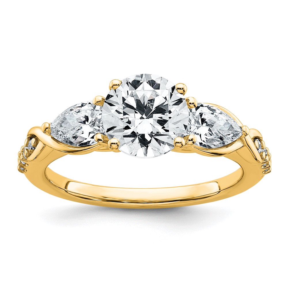 14K Yellow Gold 0.75 Carat Lab Grown Diamond VS+ F+ 1 Carat Center Round Semi Mount Three Stone Engagement Ring