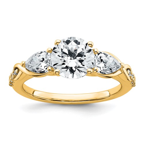 14K Yellow Gold 0.75 Carat Lab Grown Diamond VS+ F+ 1 Carat Center Round Semi Mount Three Stone Engagement Ring