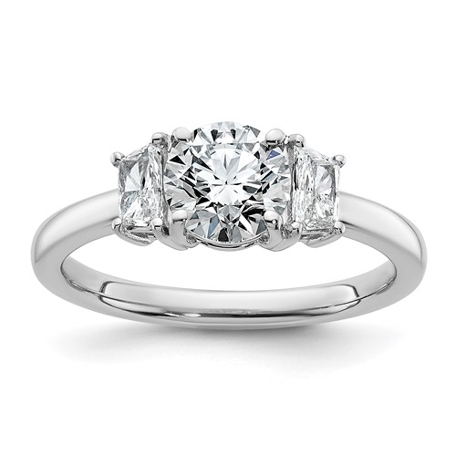 14K White Gold 1.38 Carat Lab Grown Diamond VS+ F+ Round Ring with Trapezoid Sidestones Complete Engagement