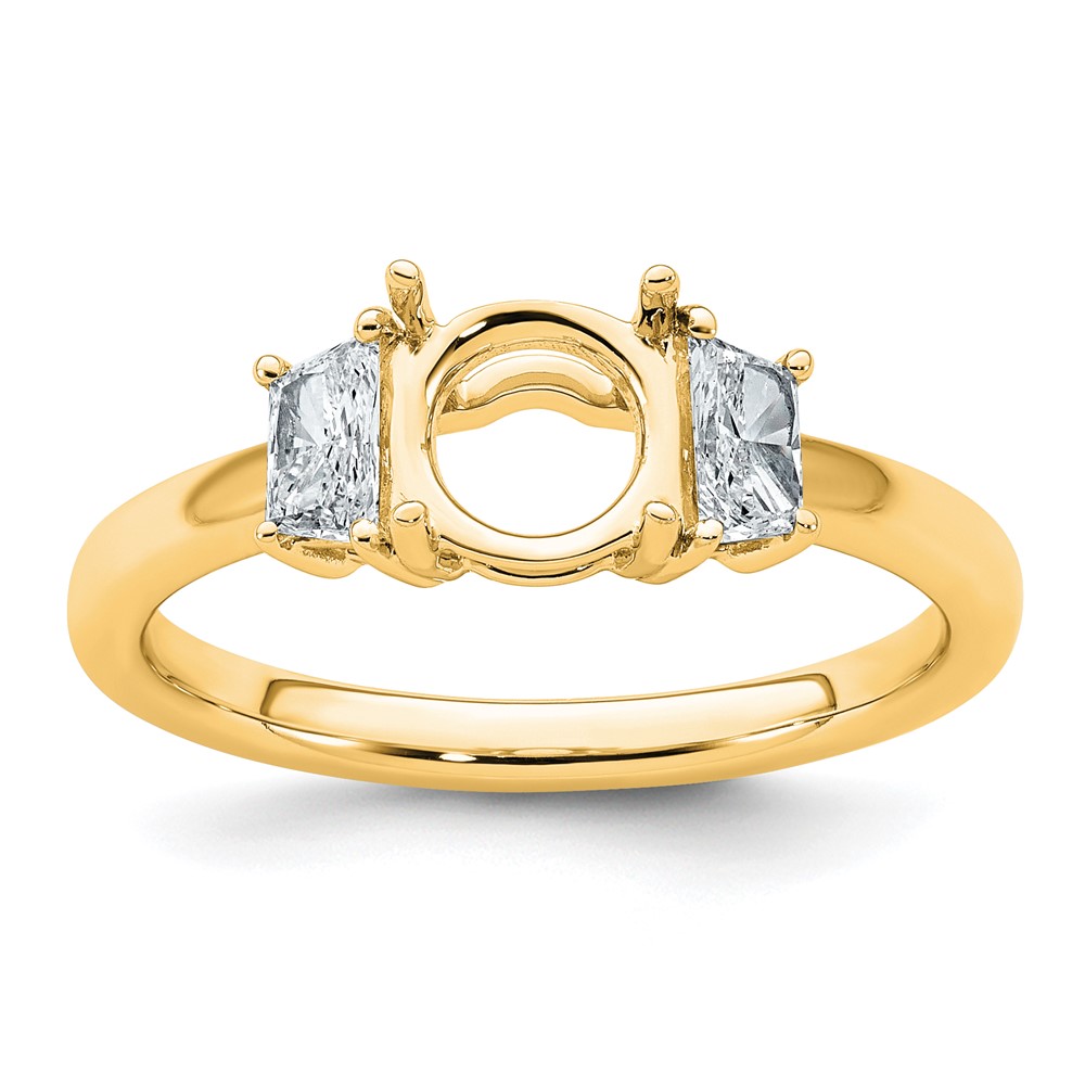 14K Yellow Gold 0.38 Carat Lab Grown Diamond VS+ F+ Trapezoid Sidestones Holds 1 Carat Center Round Semi Mount Engagement Ring