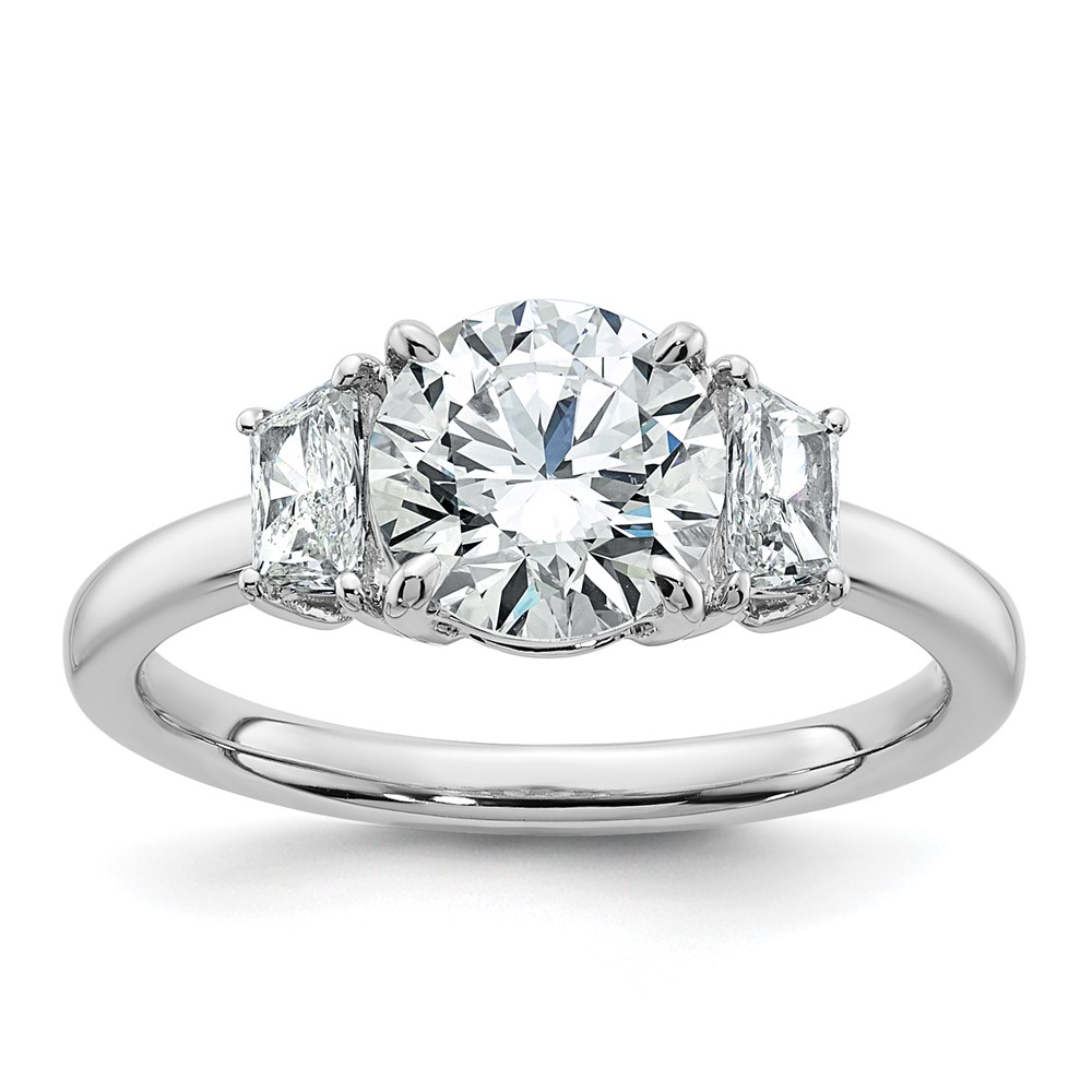 14K White Gold 1.88 Carat Lab Grown Diamond VS+ F+ Round Ring with Trapezoid Sidestones Complete Engagement