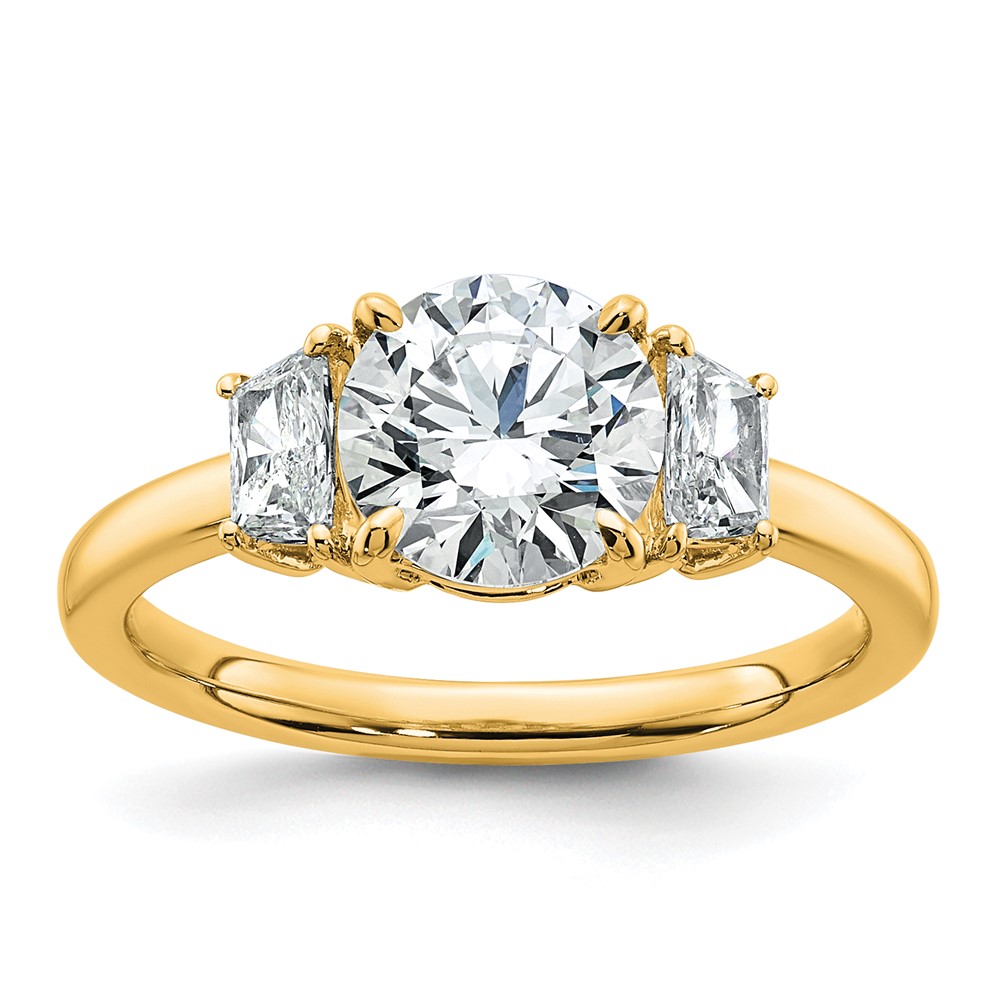 14K Yellow Gold 0.38 Carat Lab Grown Diamond VS+ F+ Trapezoid Sidestones 1.50 Carat Center Round Semi Mount Engagement Ring