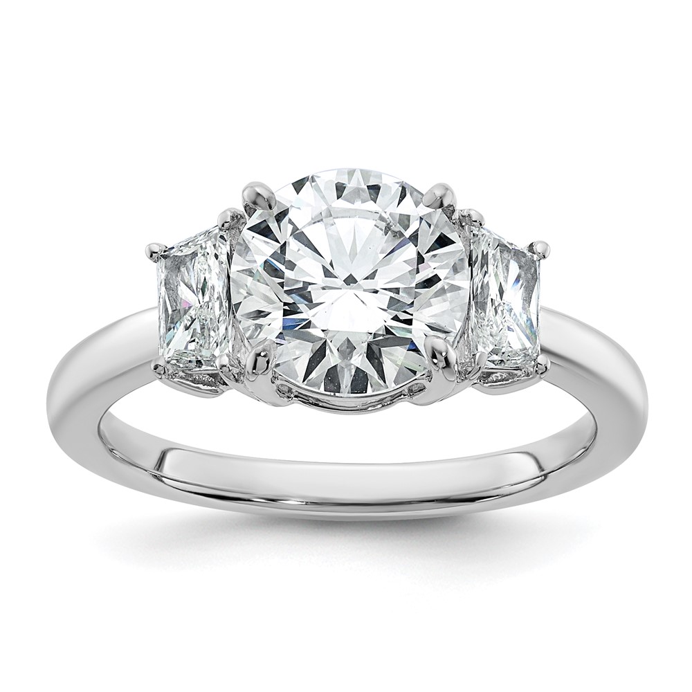 14K White Gold 2.50 Carat Lab Grown Diamond VS+ F+ Round Ring with Trapezoid Sidestones Complete Engagement