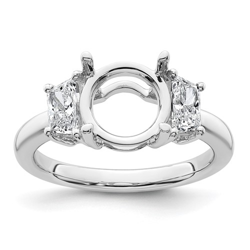 14K White Gold 0.75 Carat Lab Grown Diamond VS+ F+ Trapezoid Sidestones Holds 2.50 Carat Center Round Semi Mount Engagement Ring