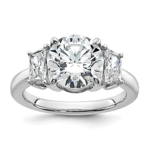 14K White Gold 3.75 Carat Lab Grown Diamond VS+ F+ Round Ring with Trapezoid Sidestones Complete Engagement