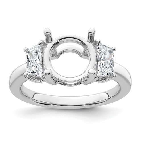 14K White Gold 0.75 Carat Lab Grown Diamond VS+ F+ Trapezoid Sidestones Holds 3 Carat Center Round Semi Mount Engagement Ring