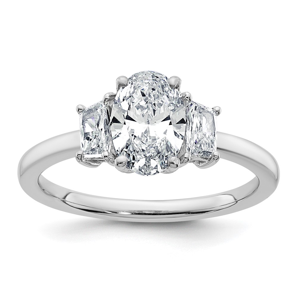 14K White Gold 1.38 Carat Certified Lab Grown Diamond VS+ F+ Oval and Trapezoid Complete Three Stone Engagement Ring