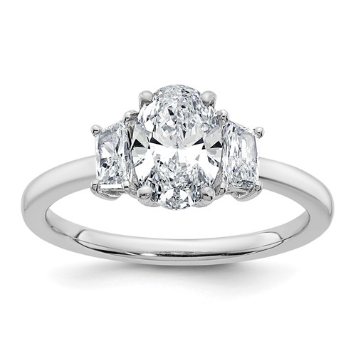 14K White Gold 1.38 Carat Certified Lab Grown Diamond VS+ F+ Oval and Trapezoid Complete Three Stone Engagement Ring