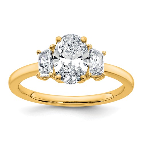 14K Yellow Gold 1.38 Carat Certified Lab Grown Diamond VS+ F+ Oval and Trapezoid Complete Three Stone Engagement Ring