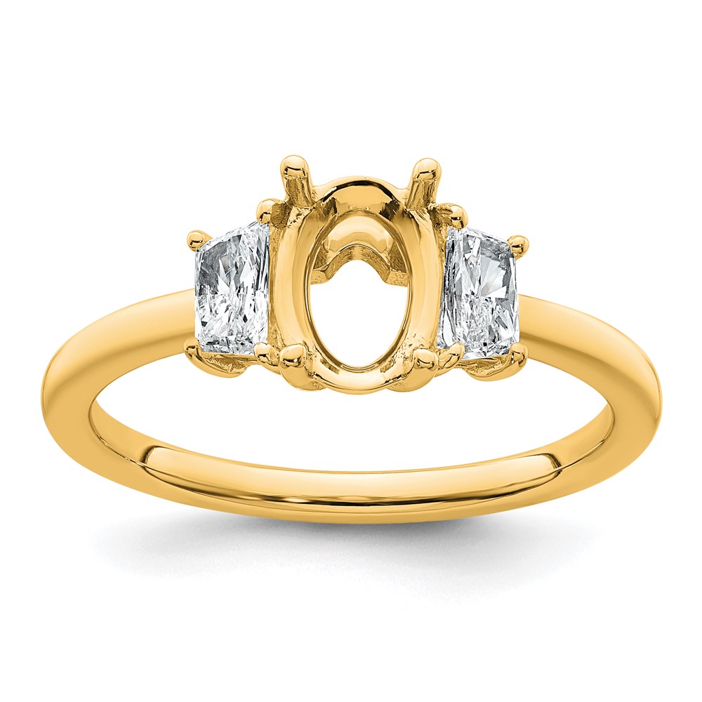 14K Yellow Gold 0.38 Carat Lab Grown Diamond VS+ F+ Trapezoid 1 Carat Oval Semi Mount Three Stone Engagement Ring