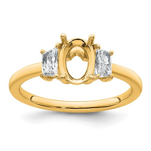 14K Yellow Gold 0.38 Carat Lab Grown Diamond VS+ F+ Trapezoid 1 Carat Oval Semi Mount Three Stone Engagement Ring