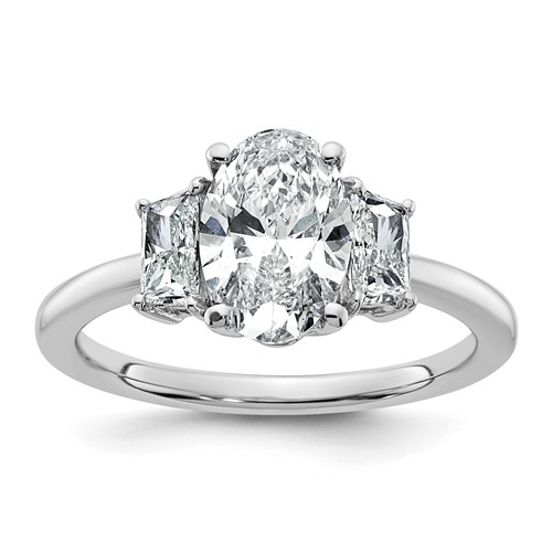 14K White Gold 2 Carat Certified Lab Grown Diamond VS+ F+ Oval and Trapezoid Complete Three Stone Engagement Ring