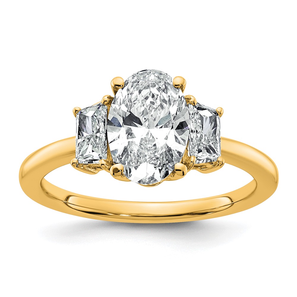 14K Yellow Gold 2 Carat Certified Lab Grown Diamond VS+ F+ Oval and Trapezoid Complete Three Stone Engagement Ring
