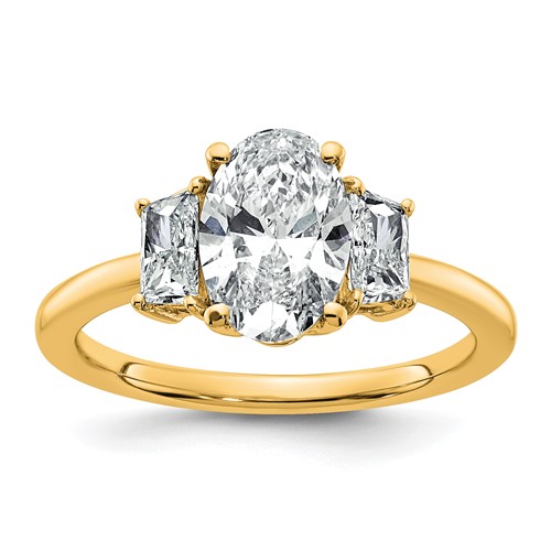 14K Yellow Gold 2 Carat Certified Lab Grown Diamond VS+ F+ Oval and Trapezoid Complete Three Stone Engagement Ring