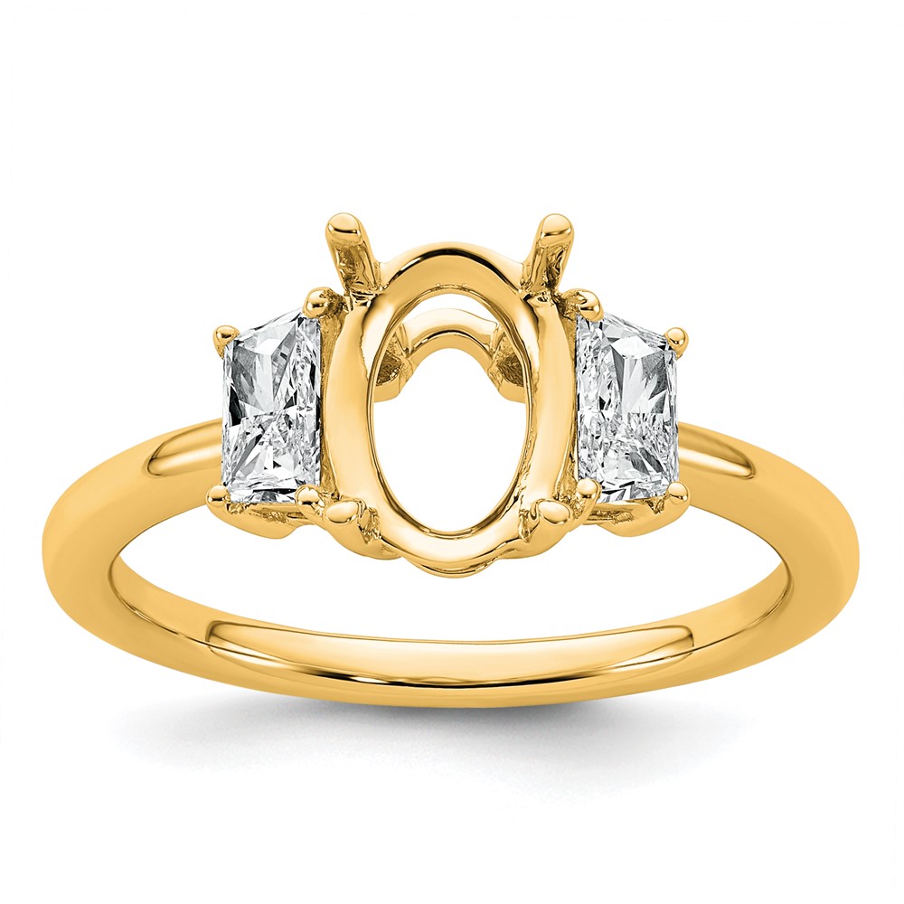 14K Yellow Gold 0.50 Carat Lab Grown Diamond VS+ F+ Trapezoid 1.50 Carat Oval Semi Mount Three Stone Engagement Ring