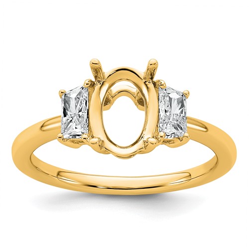 14K Yellow Gold 0.50 Carat Lab Grown Diamond VS+ F+ Trapezoid 1.50 Carat Oval Semi Mount Three Stone Engagement Ring