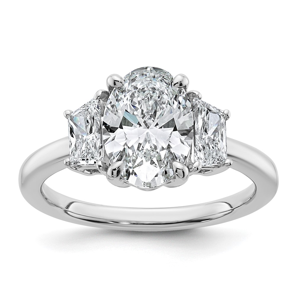 14K White Gold 2.75 Carat Certified Lab Grown Diamond VS+ F+ Oval and Trapezoid Complete Three Stone Engagement Ring