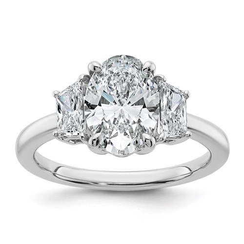 14K White Gold 2.75 Carat Certified Lab Grown Diamond VS+ F+ Oval and Trapezoid Complete Three Stone Engagement Ring