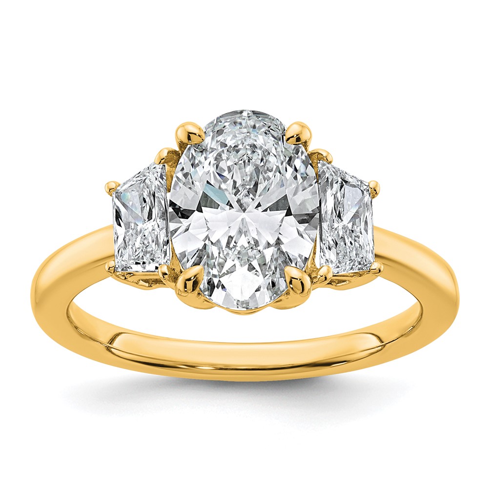 14K Yellow Gold 2.75 Carat Certified Lab Grown Diamond VS+ F+ Oval and Trapezoid Complete Three Stone Engagement Ring
