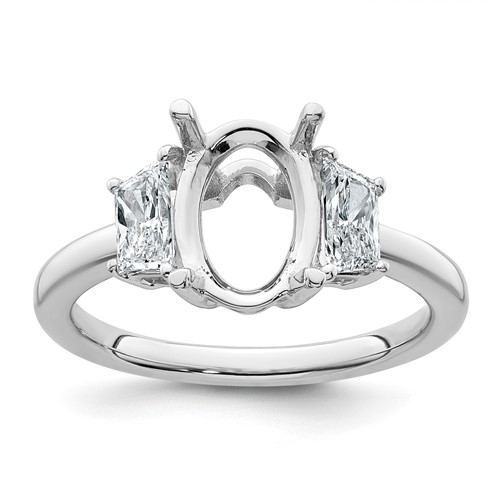 14K White Gold 0.75 Carat Lab Grown Diamond VS+ F+ Trapezoid 2 Carat Oval Semi Mount Three Stone Engagement Ring