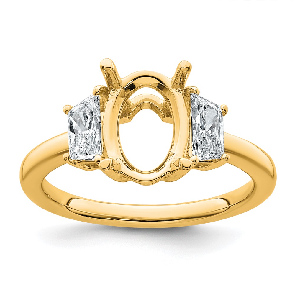 14K Yellow Gold 0.75 Carat Lab Grown Diamond VS+ F+ Trapezoid 2 Carat Oval Semi Mount Three Stone Engagement Ring