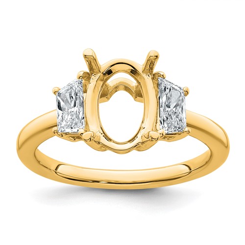14K Yellow Gold 0.75 Carat Lab Grown Diamond VS+ F+ Trapezoid 2 Carat Oval Semi Mount Three Stone Engagement Ring