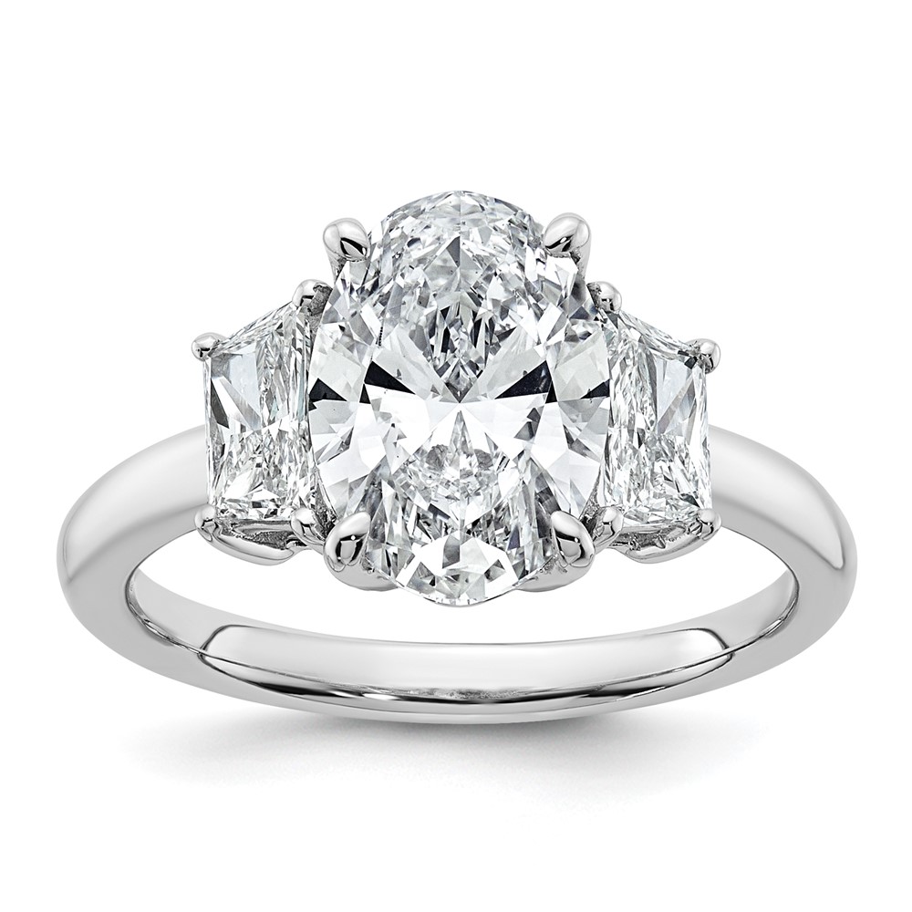 14K White Gold 3.33 Carat Certified Lab Grown Diamond VS+ F+ Oval and Trapezoid Complete Three Stone Engagement Ring