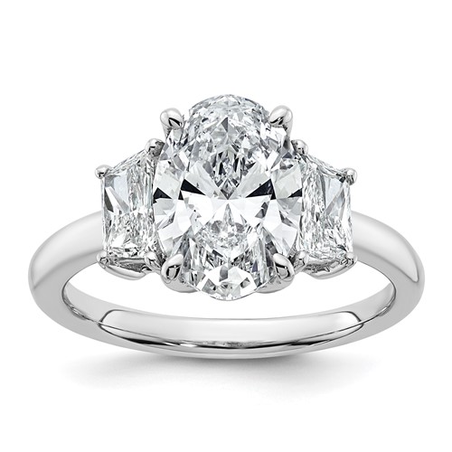 14K White Gold 3.33 Carat Certified Lab Grown Diamond VS+ F+ Oval and Trapezoid Complete Three Stone Engagement Ring