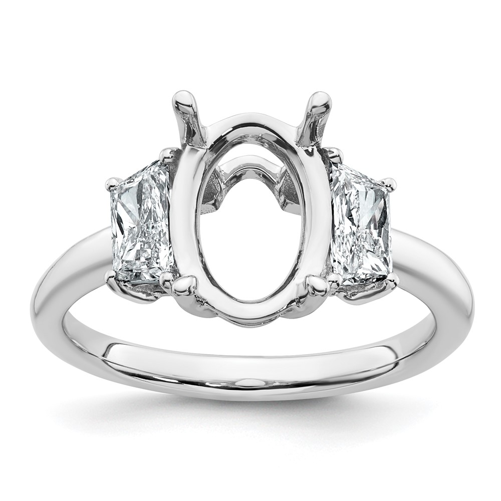 14K White Gold 0.75 Carat Lab Grown Diamond VS+ F+ Trapezoid 2.50 Carat Oval Semi Mount Three Stone Engagement Ring