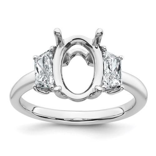 14K White Gold 0.75 Carat Lab Grown Diamond VS+ F+ Trapezoid 2.50 Carat Oval Semi Mount Three Stone Engagement Ring