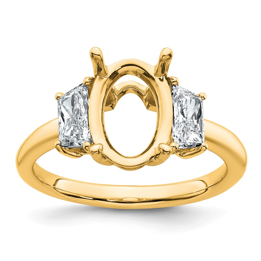 14K Yellow Gold 0.75 Carat Lab Grown Diamond VS+ F+ Trapezoid 2.50 Carat Oval Semi Mount Three Stone Engagement Ring