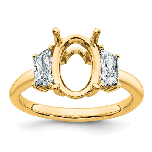 14K Yellow Gold 0.75 Carat Lab Grown Diamond VS+ F+ Trapezoid 2.50 Carat Oval Semi Mount Three Stone Engagement Ring