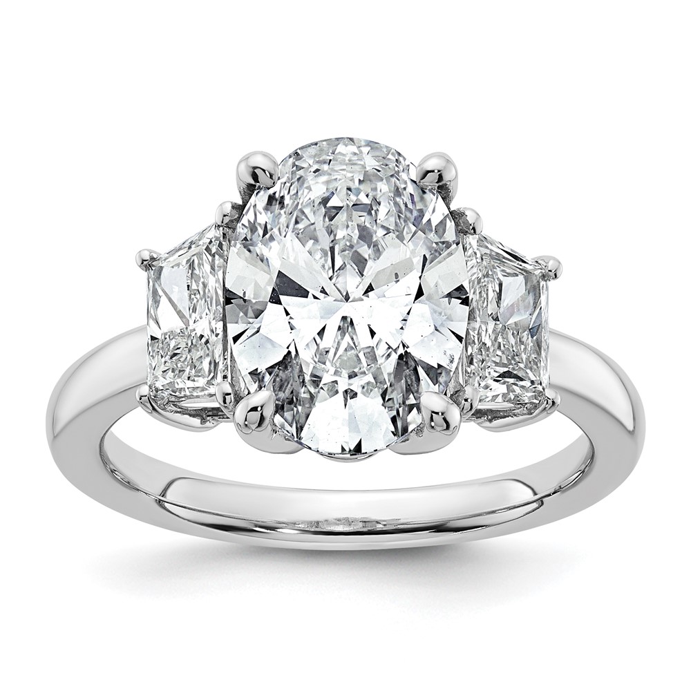 14K White Gold 4 Carat Certified Lab Grown Diamond VS+ F+ Oval and Trapezoid Complete Three Stone Engagement Ring