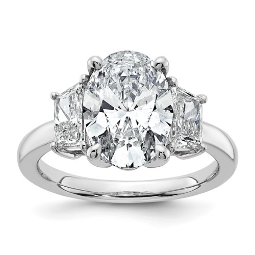 14K White Gold 4 Carat Certified Lab Grown Diamond VS+ F+ Oval and Trapezoid Complete Three Stone Engagement Ring