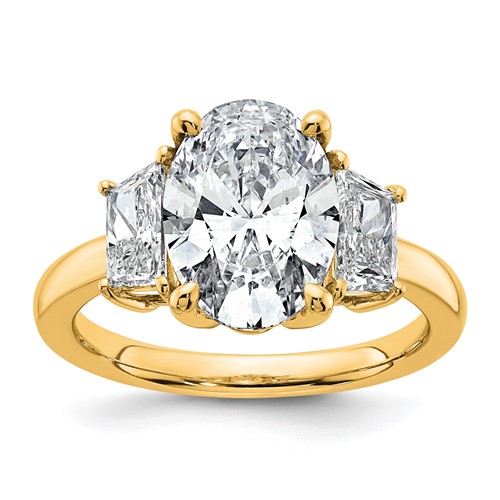 14K Yellow Gold 4 Carat Certified Lab Grown Diamond VS+ F+ Oval and Trapezoid Complete Three Stone Engagement Ring