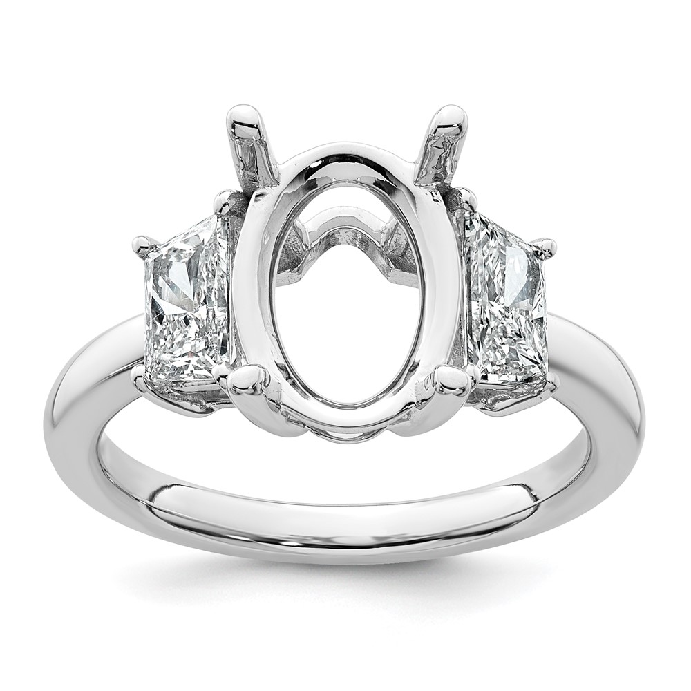 14K White Gold 1 Carat Lab Grown Diamond VS+ F+ Trapezoid 3 Carat Oval Semi Mount Three Stone Engagement Ring
