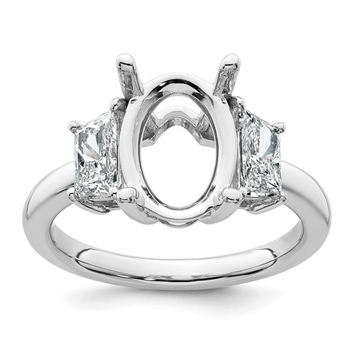 14K White Gold 1 Carat Lab Grown Diamond VS+ F+ Trapezoid 3 Carat Oval Semi Mount Three Stone Engagement Ring